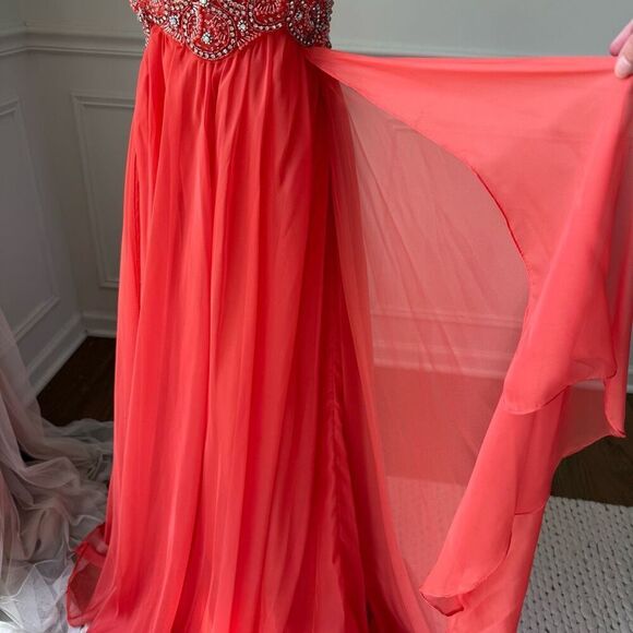 Sherri Hill Sweetheart Strapless Beaded Coral Formal Gown Prom Pagent Dress 0972 - Picture 6 of 10